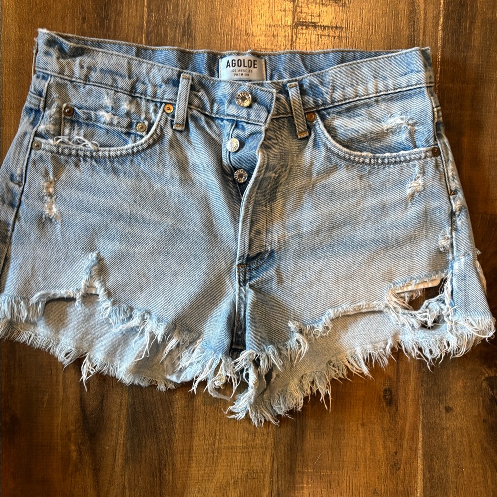 Agolde Frayed Hem Jean Shorts - Light Blue